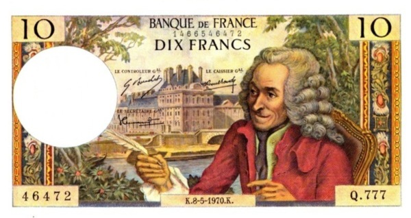 voltaire sur le billet de 10 francs, 1969