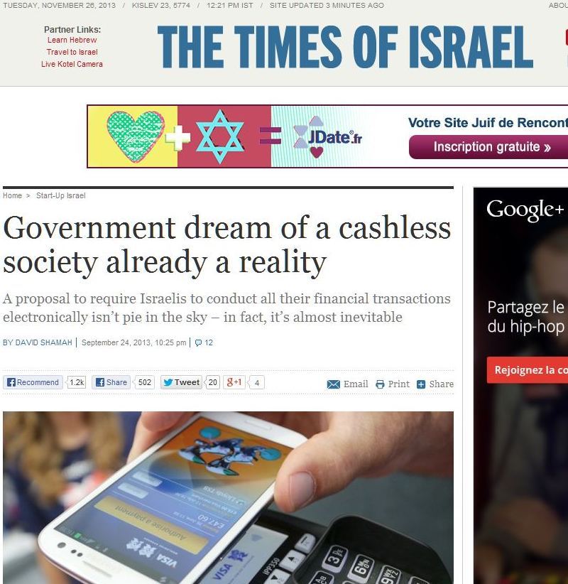 societe sans argent liquide times of israel
